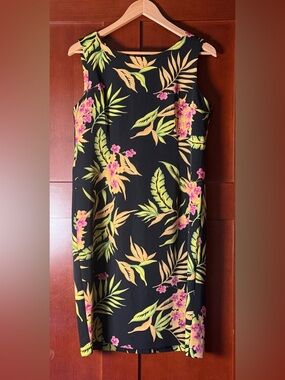 Courtenay Black Sleeveless Tropical Floral Print Stretch Midi Dress Size 12